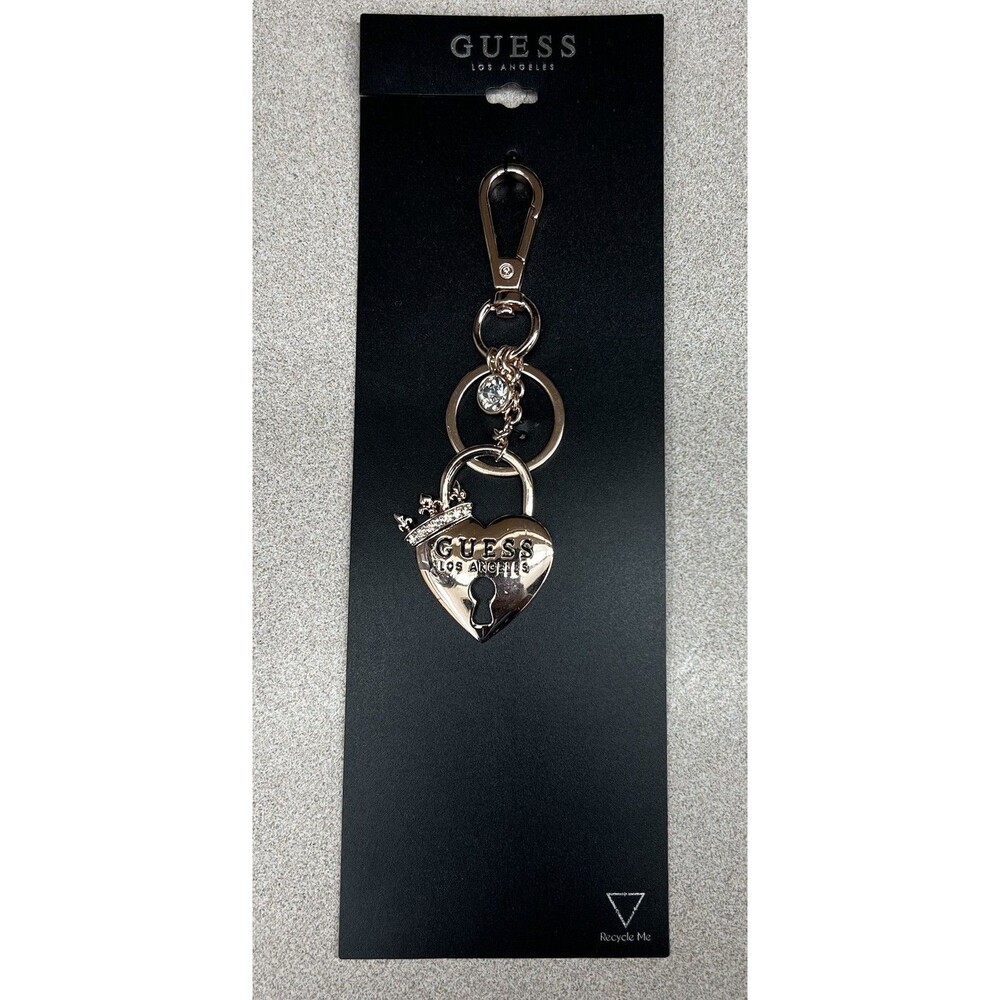 Guess Heart Padlock Crown Bag Charm  Keychain Gold Tone BLING  Fleur De Lis - Picture 3 of 9